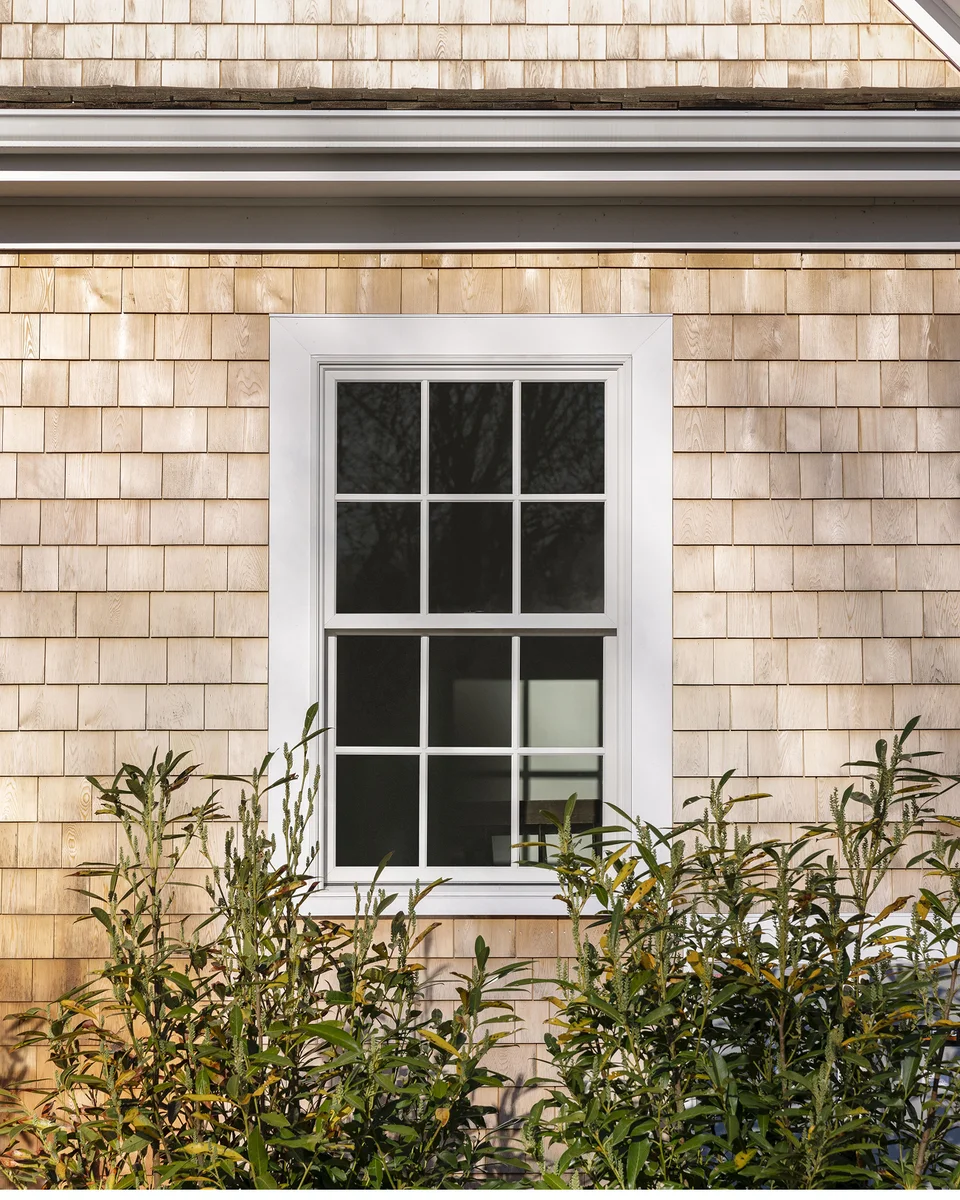 White Marvin Elevate double-hung window with divided lites on cedar shingle siding