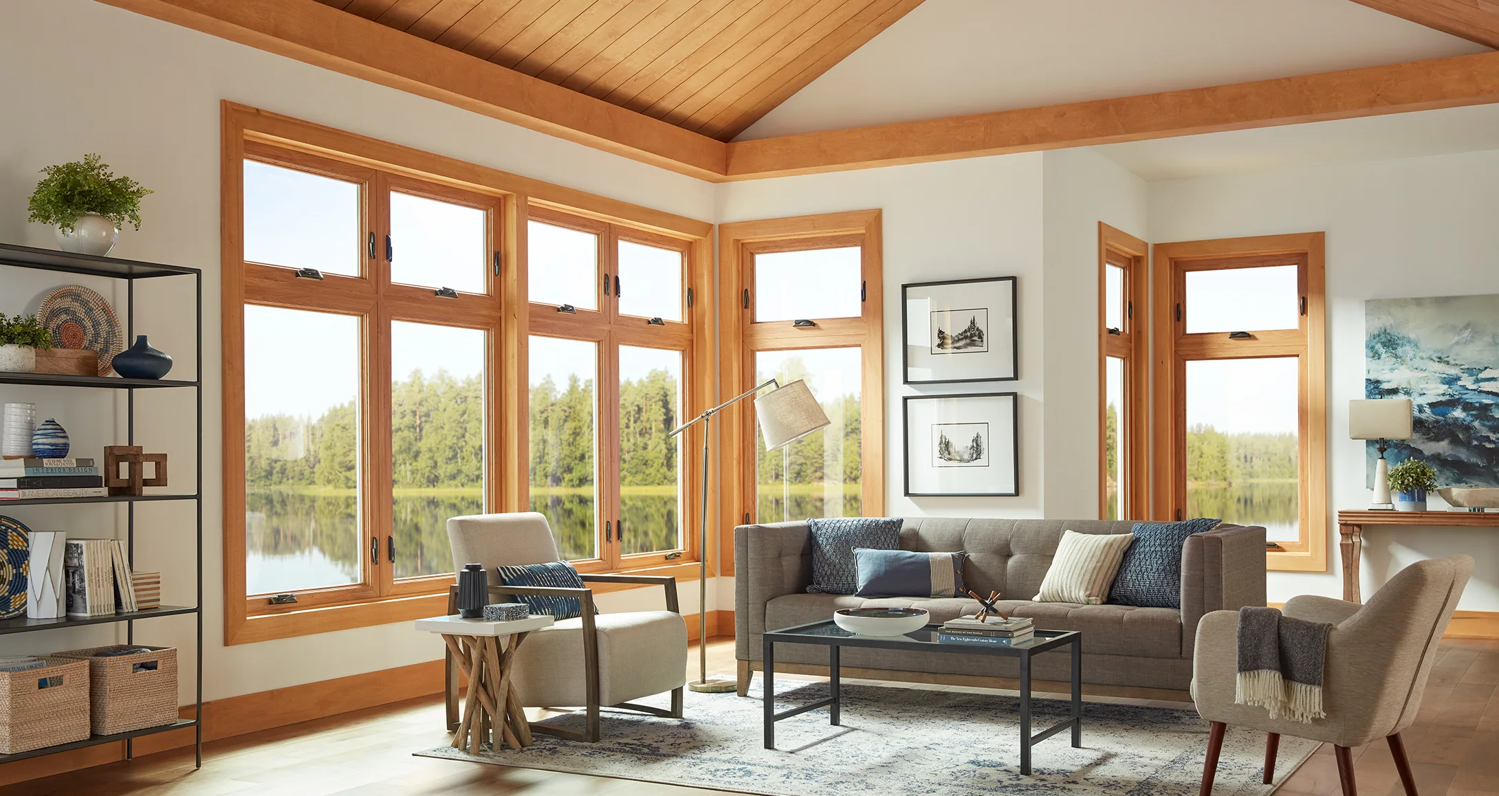 Living room with Simonton 5500 casement and awning windows in a maple woodgrain finish